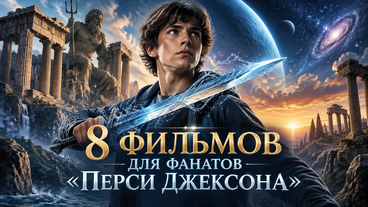 Перси Джексон с мечом Анаклузмос на фоне греческих руин и космического горизонта