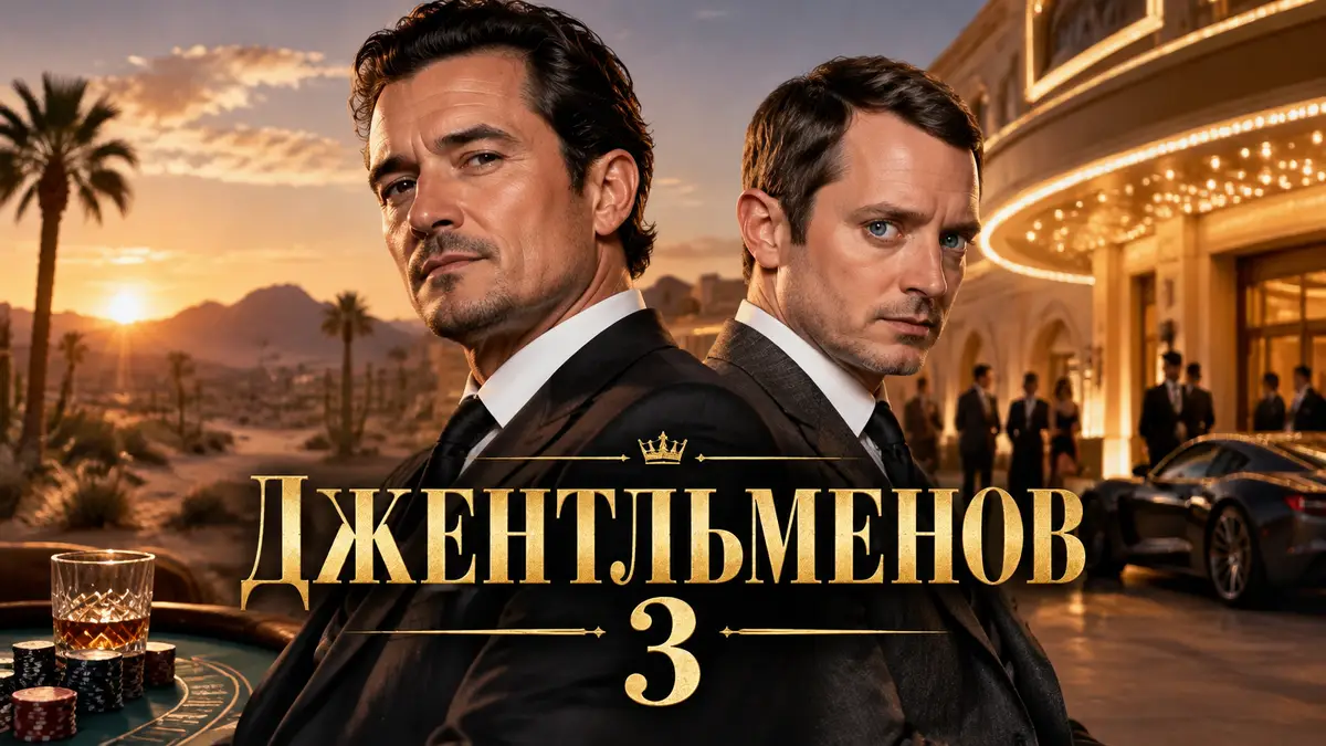 Постер сериала «Джентльмены»: Орландо Блум и Элайджа Вуд в костюмах на фоне казино в пустыне