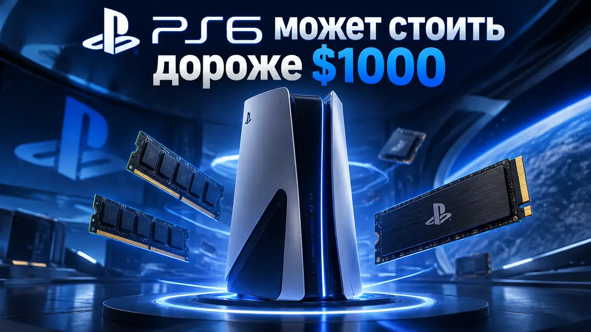 Футуристичная консоль PlayStation 6 в центре, вокруг модули памяти и SSD, фирменный синий стиль Sony