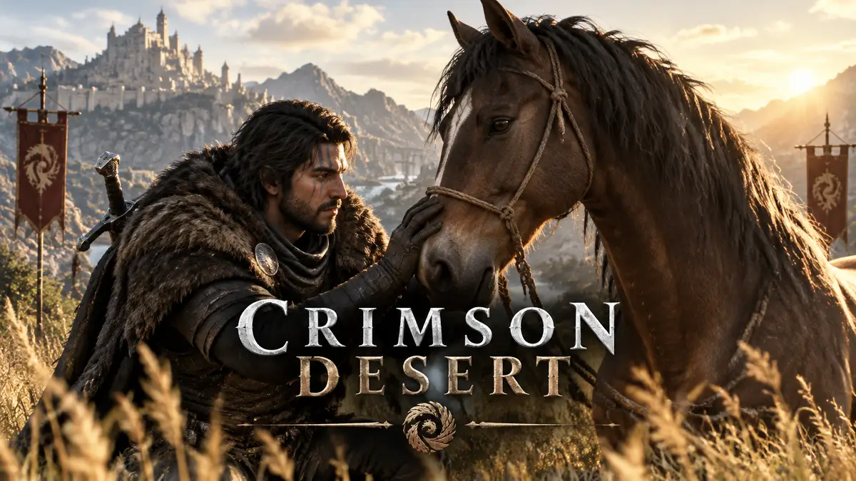 Герой Клифф приручает дикую лошадь на залитом солнцем поле, key art в стиле Crimson Desert
