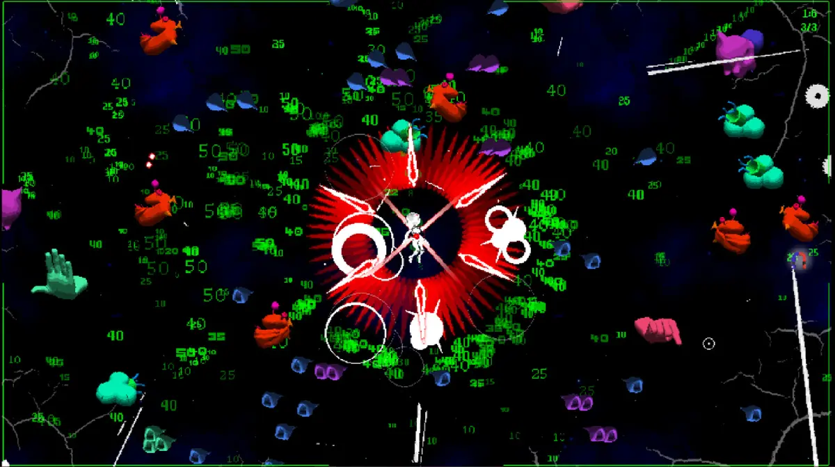 Скриншот Picayune Dreams: корабль игрока в космической пустоте отбивается от орды потусторонних существ среди плотного потока снарядов