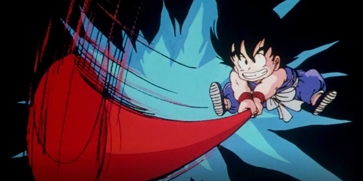 Goku extending his power pole in Dragon Ball The Sleeping Princess in Devils Castle.