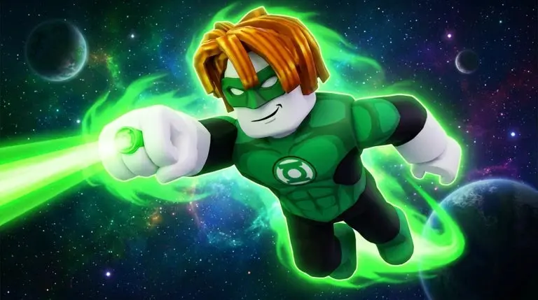 Artwork for the Roblox game Lanterns showing a character dressed as the DC Comics hero the Green Lantern. The character is flying in space and shooting a green beam from a ring on their hand.