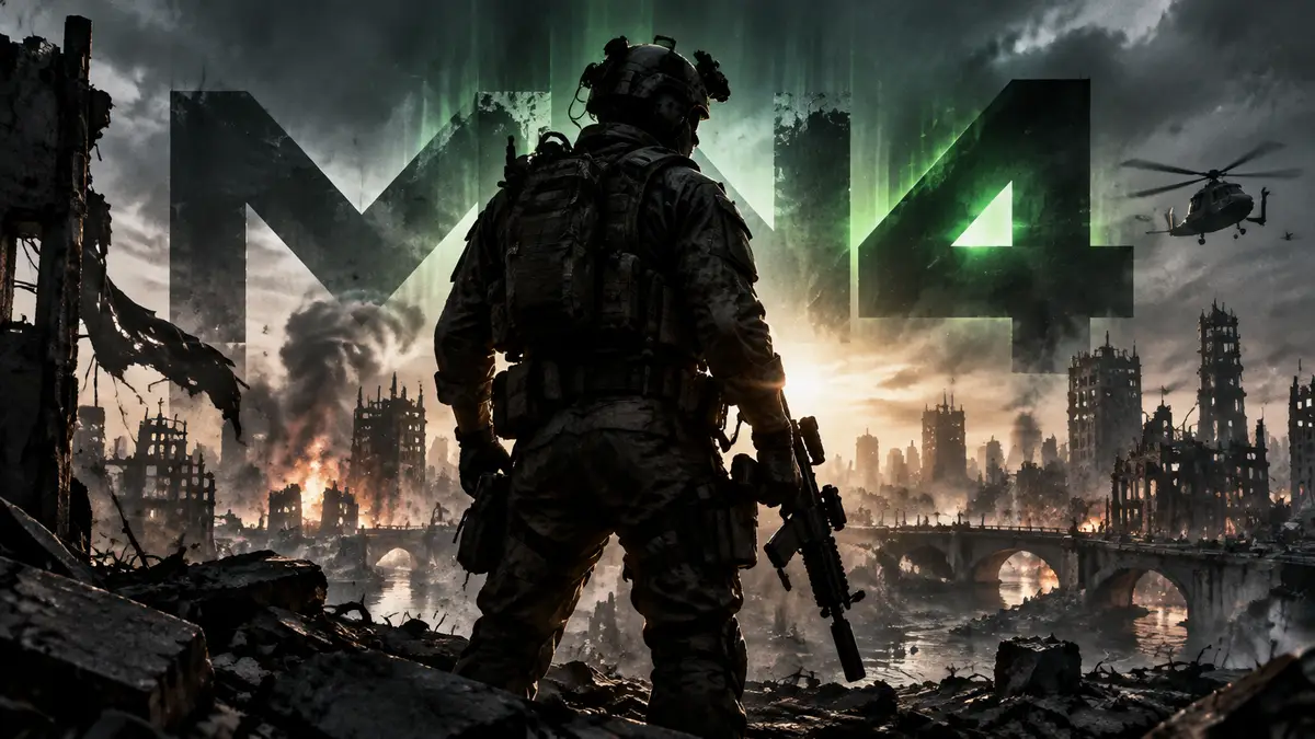 Солдат в тактическом снаряжении на фоне логотипа Call of Duty: Modern Warfare 4 и разрушенного города