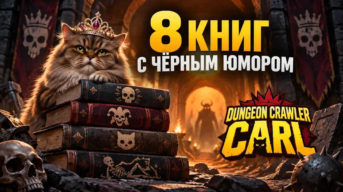 Стопка книг с чёрным юмором у входа в мрачное подземелье, кошка в тиаре и логотип Dungeon Crawler Carl