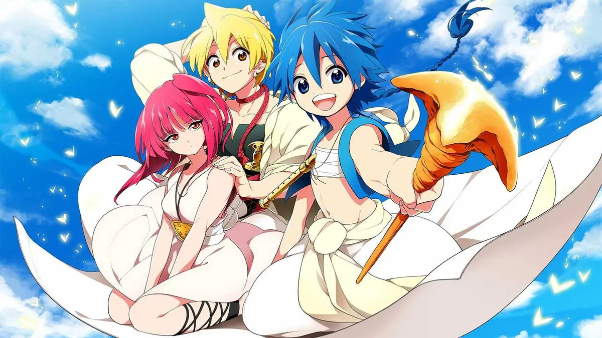 Aladdin, Alibaba, and Morgiana sitting on a magic carpet and smiling in Magi The Labyrinth of Magic