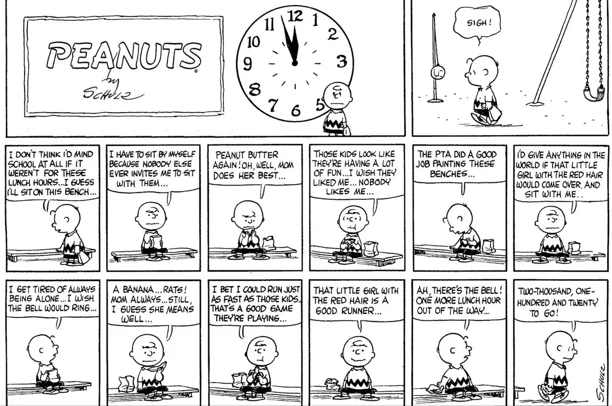 Charlie Brown waiting for the little red haired girl at lunch time