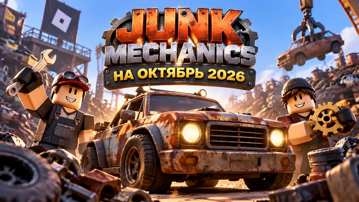 Ржавый автомобиль из Junk Mechanics в центре на фоне свалки с деталями, яркий стиль Roblox