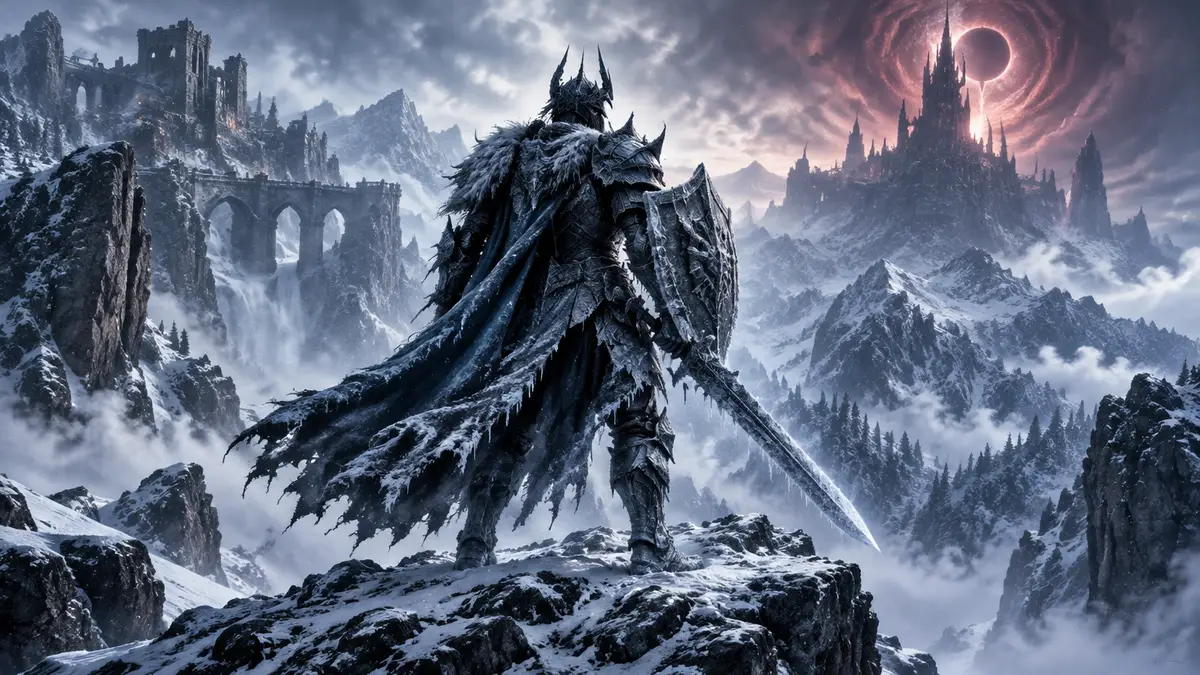 Воин Arisen в ледяных доспехах из Dragon's Dogma 2 на фоне заснеженных скал Norgan