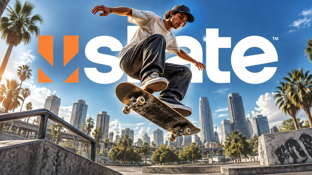 Скейтер выполняет трюк в городском парке на фоне логотипа симулятора Skate