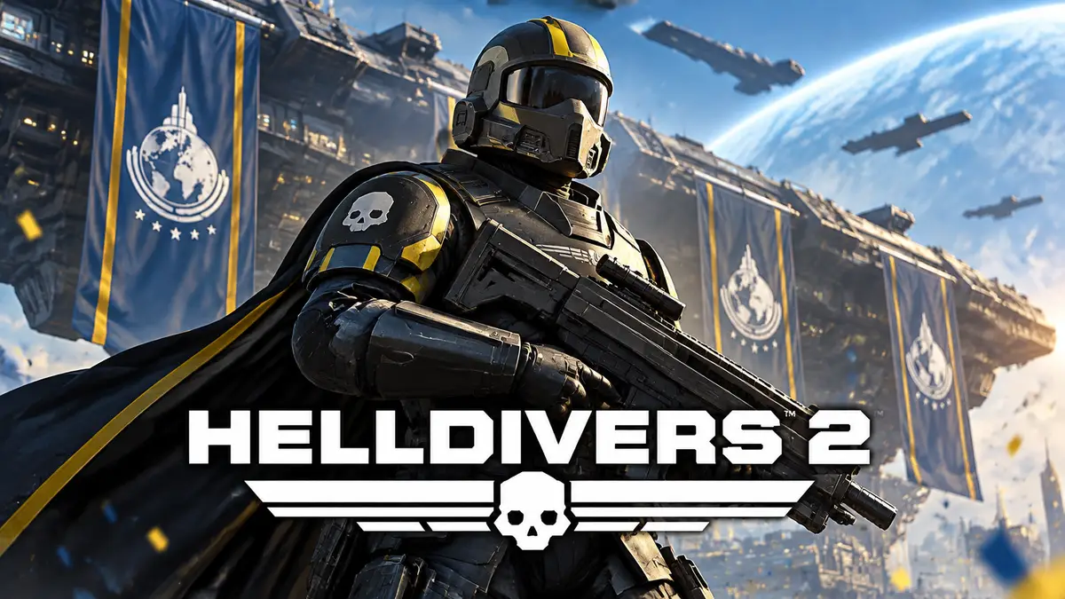 Боец Helldivers 2 с винтовкой AR-23L на фоне праздничного Супер-эсминца с баннерами