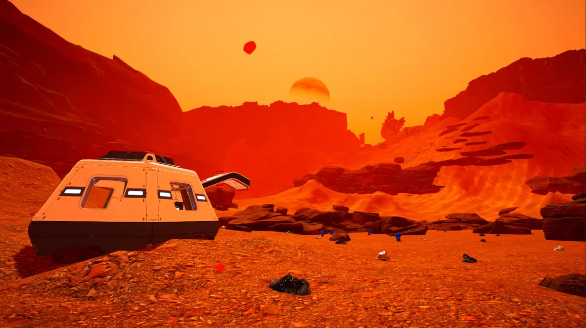 Скриншот из The Planet Crafter: база игрока на поверхности безжизненной планеты