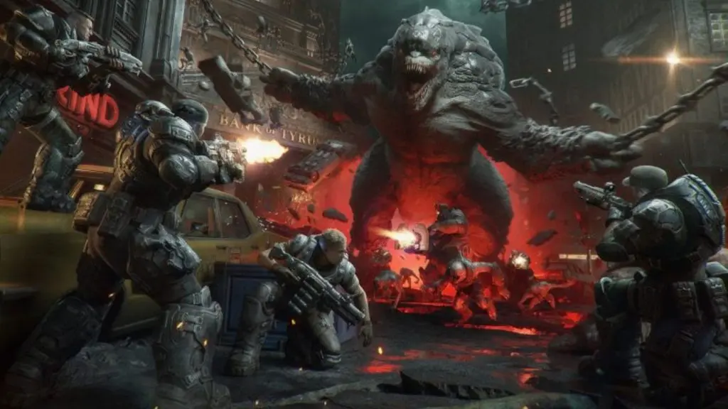 fighting giant locust enemy in gears of war e-day