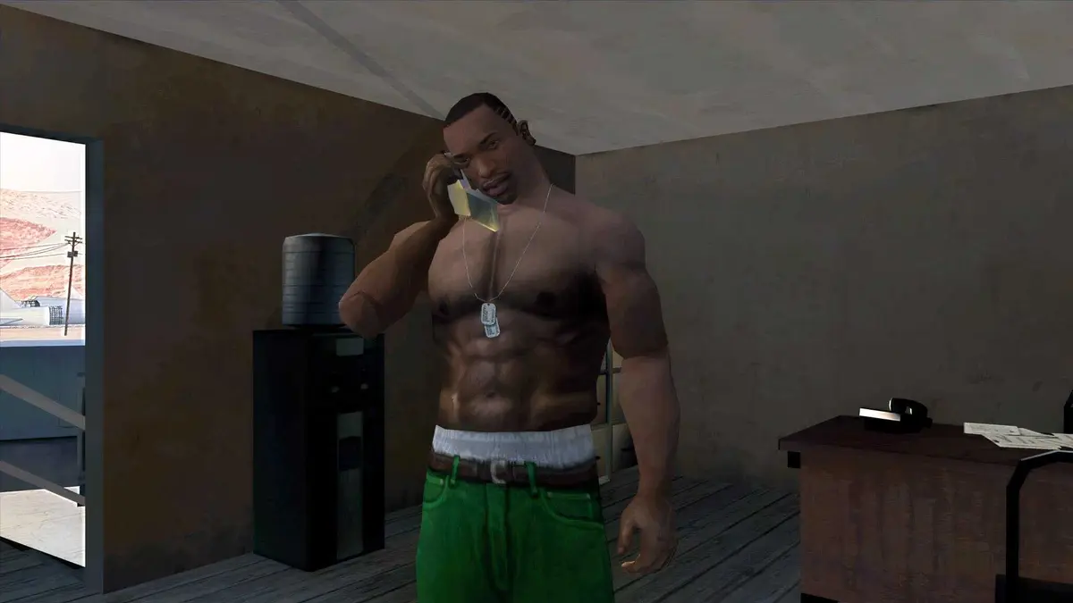 CJ on a phone in Grand Theft Auto San Andreas (2004)