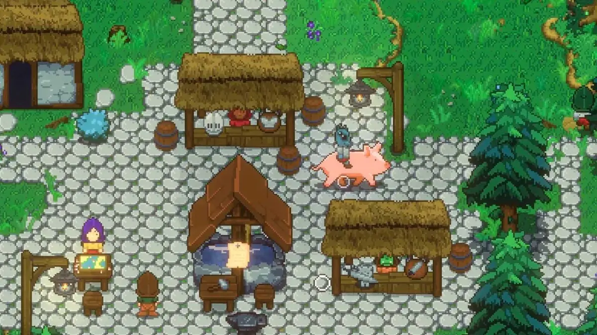 The player riding a pig through a city square in Wildaria.