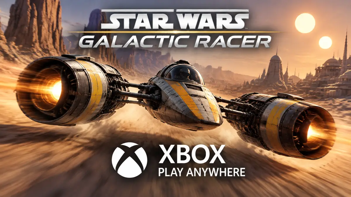 Гоночный болид Star Wars: Galactic Racer на фоне пустынной планеты с логотипом Xbox Play Anywhere