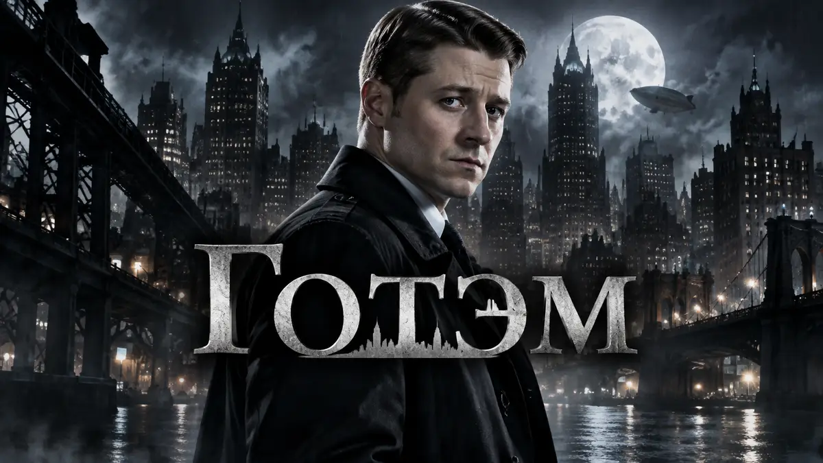 Молодой детектив Джим Гордон в плаще на фоне мрачного ночного Готэма, постер сериала «Готэм»
