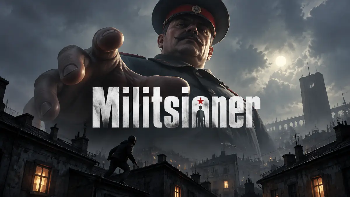 Гигантский страж порядка нависает над крышами домов в игре Militsioner