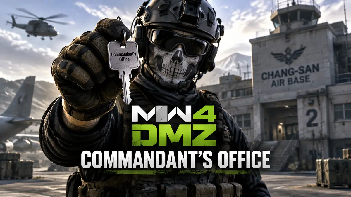 Оперативник Call of Duty MW4 DMZ с ключом Commandant's Office на фоне здания авиабазы Chang-san