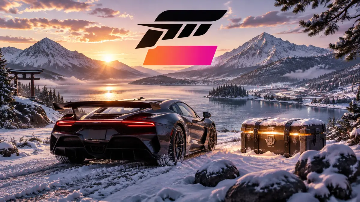 Спорткар Forza Horizon 6 у зимнего горного озера в Sotoyama рядом с сундуком, логотип Forza Horizon