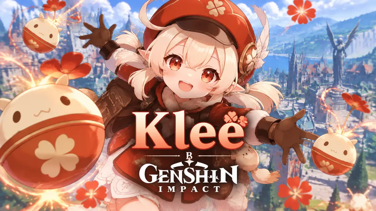 Klee из Genshin Impact с бомбами-игрушками на фоне Мондштадта, яркий аниме-постер прокачки героя