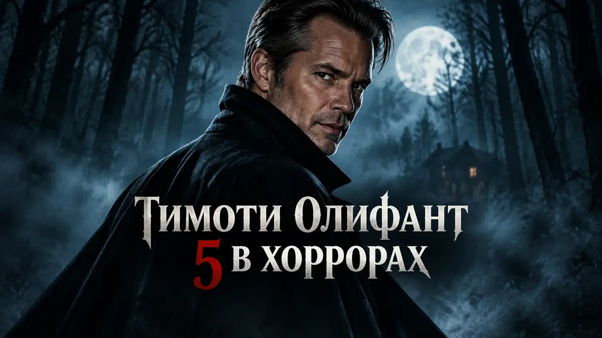 Тимоти Олифант в тёмном плаще на фоне туманного ночного леса, постер в стиле фильмов ужасов