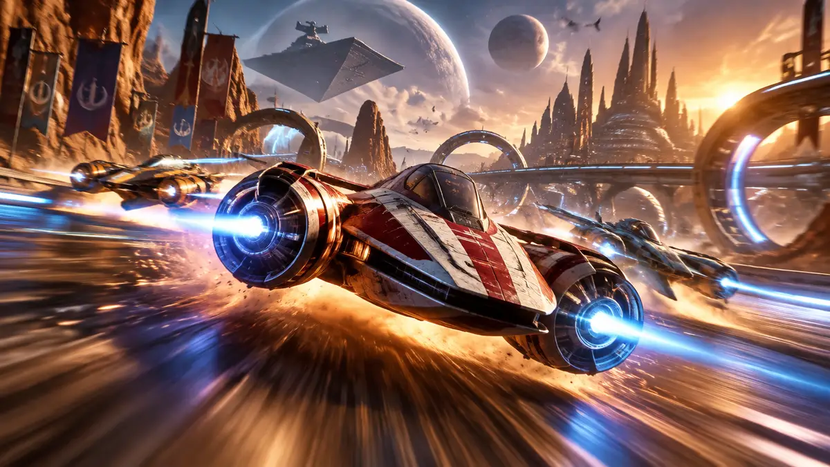 Гоночный болид на репульсорах в огне форсажа мчится по трассе, логотип Star Wars Galactic Racer