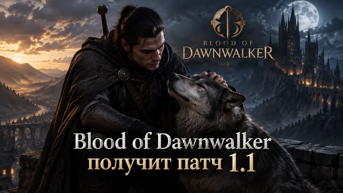 Охотник из Blood of Dawnwalker в тёмном плаще гладит волка на фоне готического замка и логотипа игры