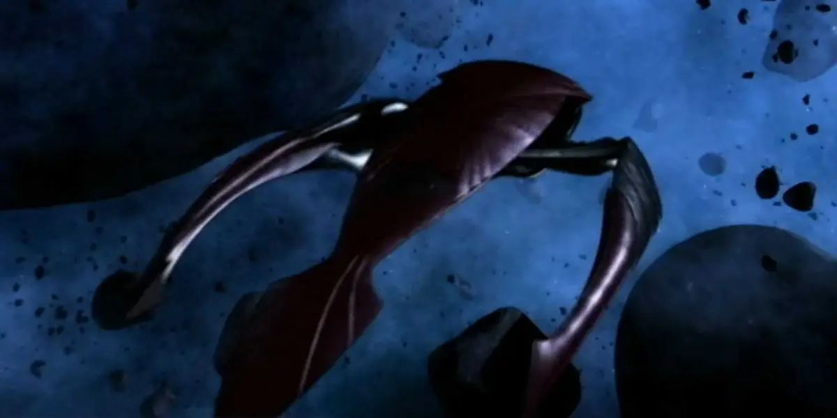 Talyn flying through an asteroid field in Farscape