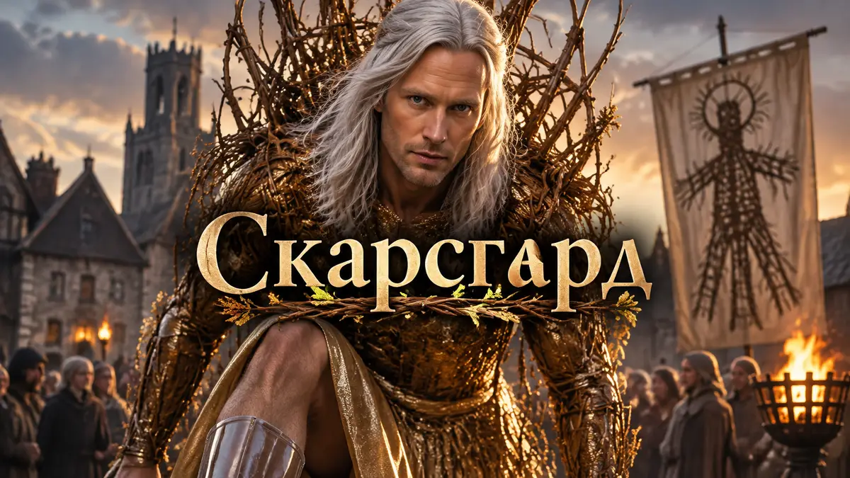 Александр Скарсгард в образе человека из плетёной лозы в средневековом городке, постер фильма Wicker
