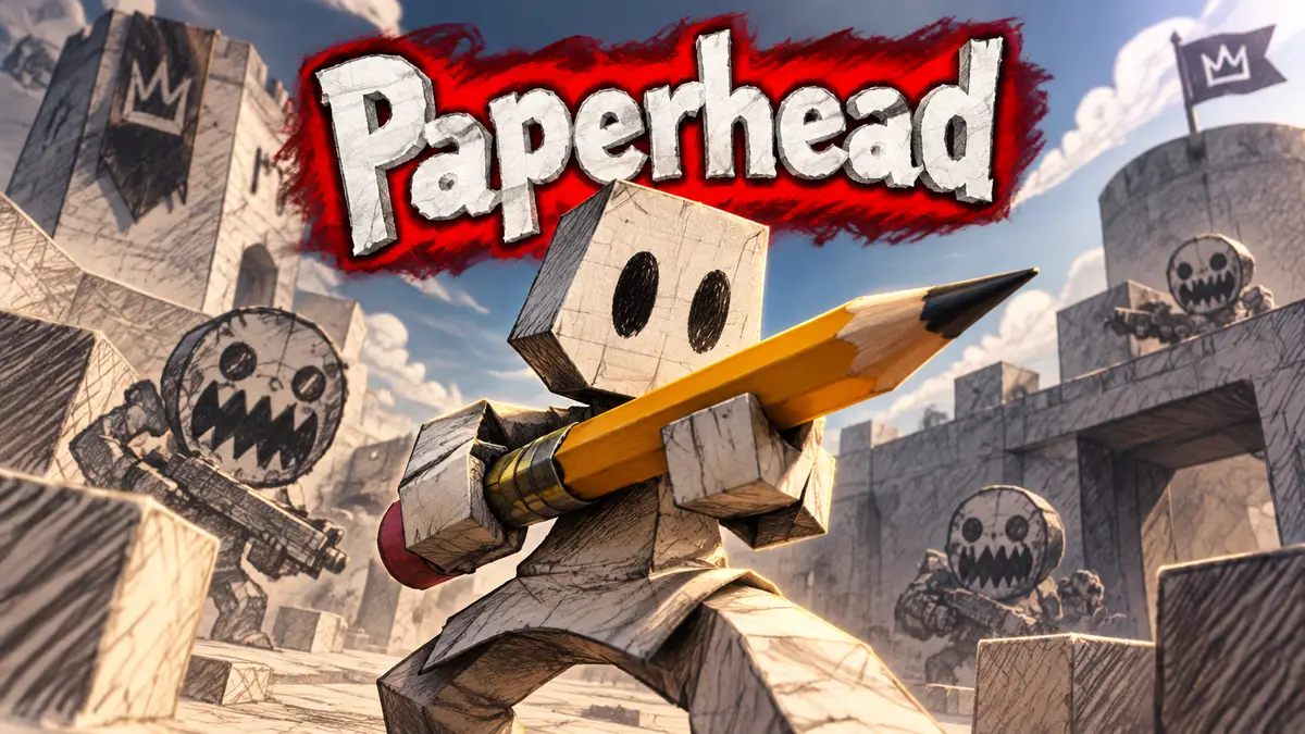 Главный герой шутера Paperhead держит карандаш на фоне бумажного игрового уровня