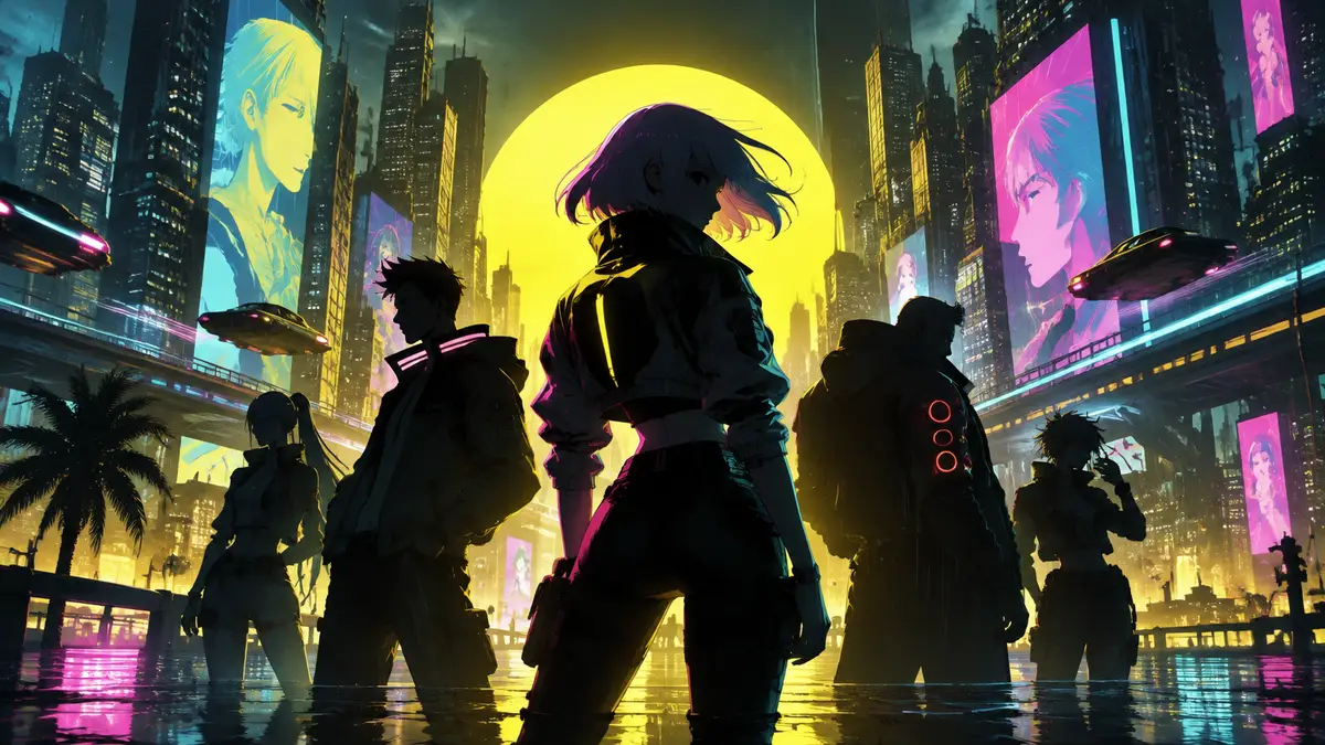 Постер Cyberpunk: Edgerunners 2 с персонажами на неоновых улицах Найт-Сити