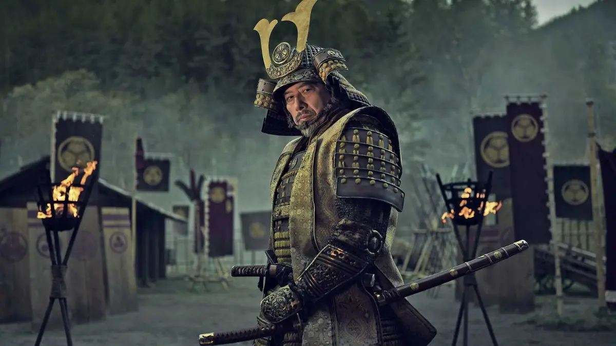 Hiroyuki Sanada as Yoshii Toranaga in full battle armor at a forward camp in Shogun season 1