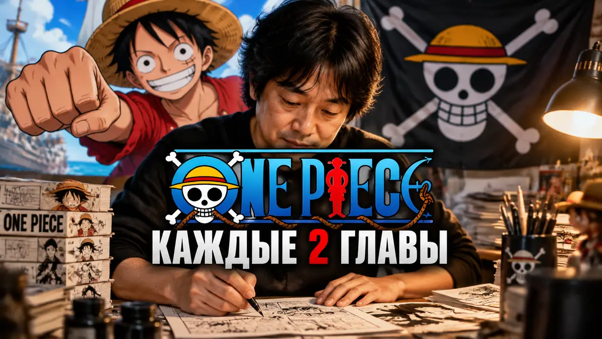 Эйитиро Ода за рабочим столом с мангой One Piece, за спиной Луффи и пиратский флаг Соломенных шляп