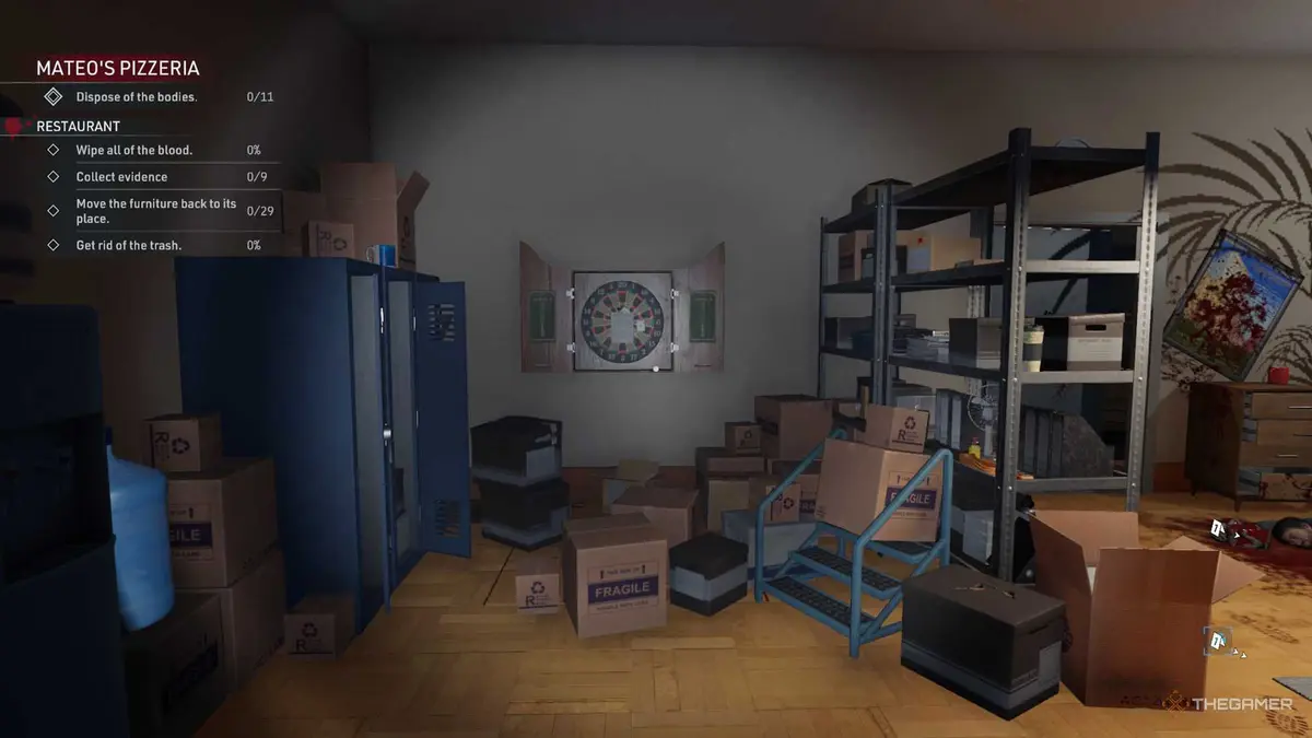 Kovalsky is standing in front of a dartboard in Crime Scene Cleaner