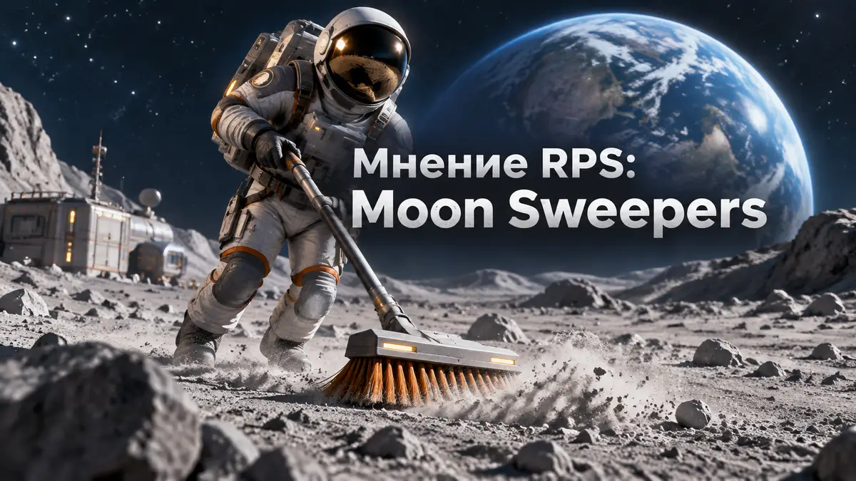 Космонавт со щёткой убирает пыль на серой поверхности планеты в игре Moon Sweepers