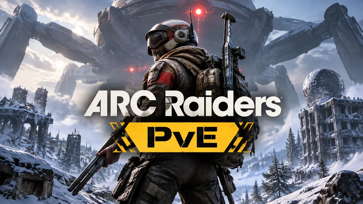 Рейдер ARC Raiders в броне на фоне гигантской машины ARC и заснеженных руин, логотип PvE-режима