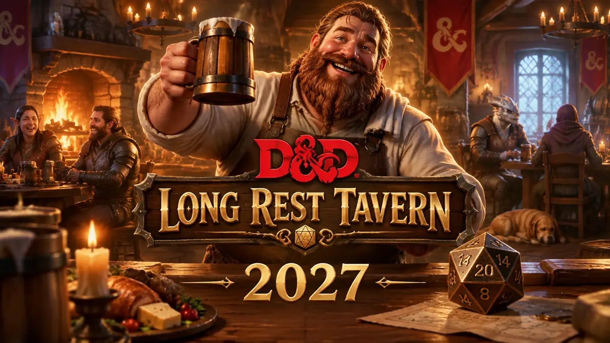 Уютная фэнтезийная таверна Dungeons & Dragons: Long Rest Tavern, хозяин у стойки с кружками и игральной костью d20
