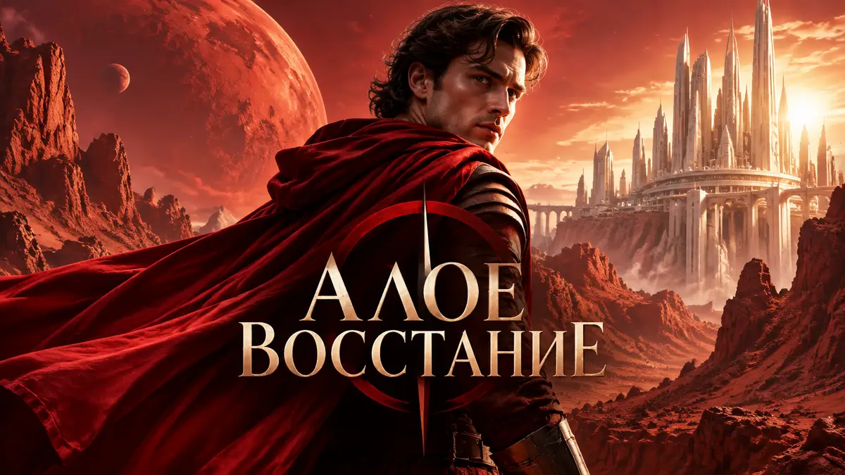 Дэрроу в алом плаще на фоне красных марсианских скал и футуристического города элиты, постер «Алое восстание»