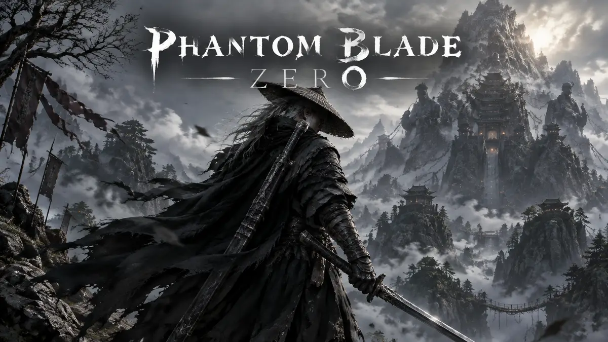 Мечник Soul из Phantom Blade Zero в чёрном плаще у туманной горы Mountain of Imprisonment в стиле уся