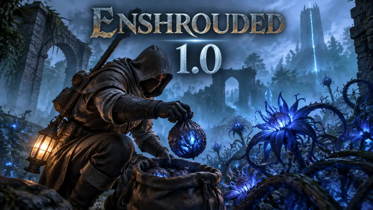 Синий цветок Fell Vicious Vines в туманных руинах Revelwoods, фарм Shroud Sacks, логотип Enshrouded