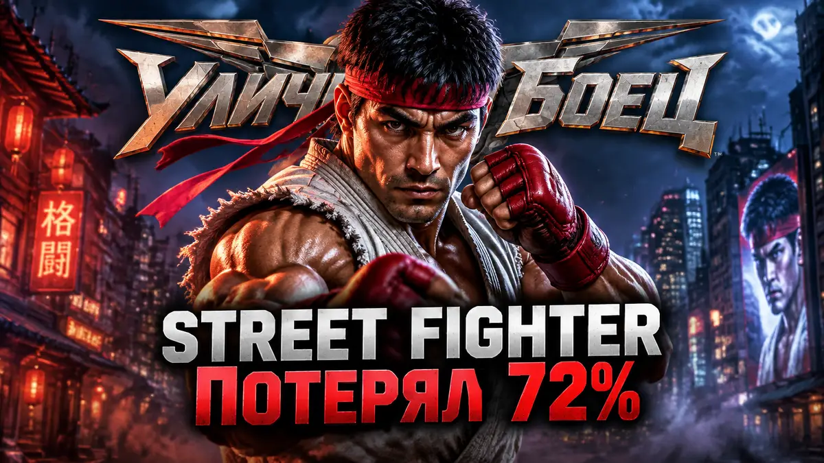 Боец в стиле Street Fighter в боевой стойке на фоне ночного города и логотипа фильма «Уличный боец»