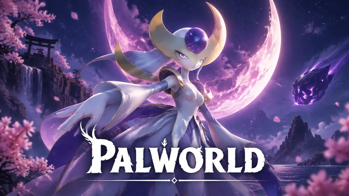 Селена из Palworld в серебряном платье на фоне огромного фиолетово-розового полумесяца в ночном небе