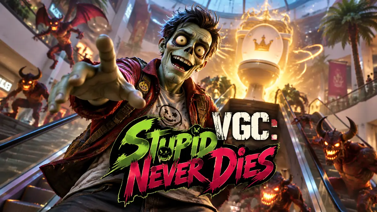 Зомби Дэйви из Stupid Never Dies в торговом центре на фоне волшебного унитаза и демонов, яркий постер