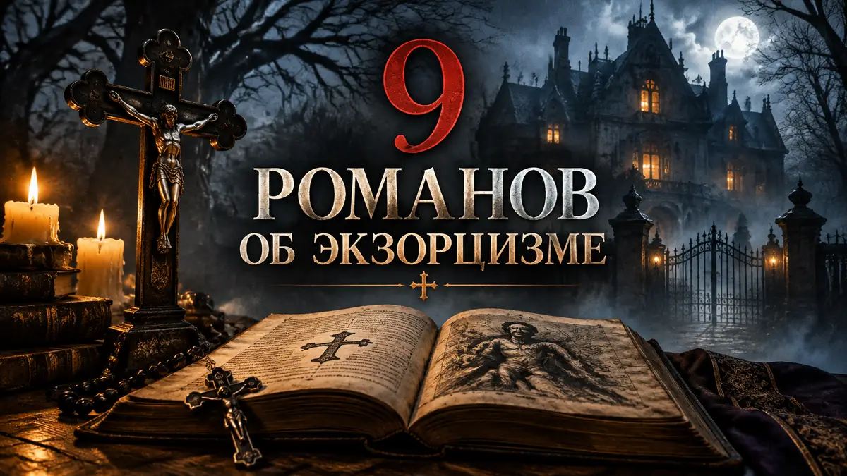 Старинный особняк в тумане, распятие и раскрытая книга на столе — постер подборки романов об экзорцизме