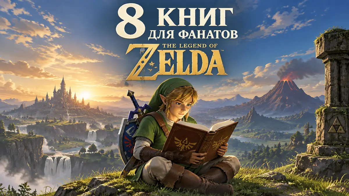 Юный герой в зелёной тунике с мечом читает раскрытую книгу на холме в фэнтези-мире The Legend of Zelda