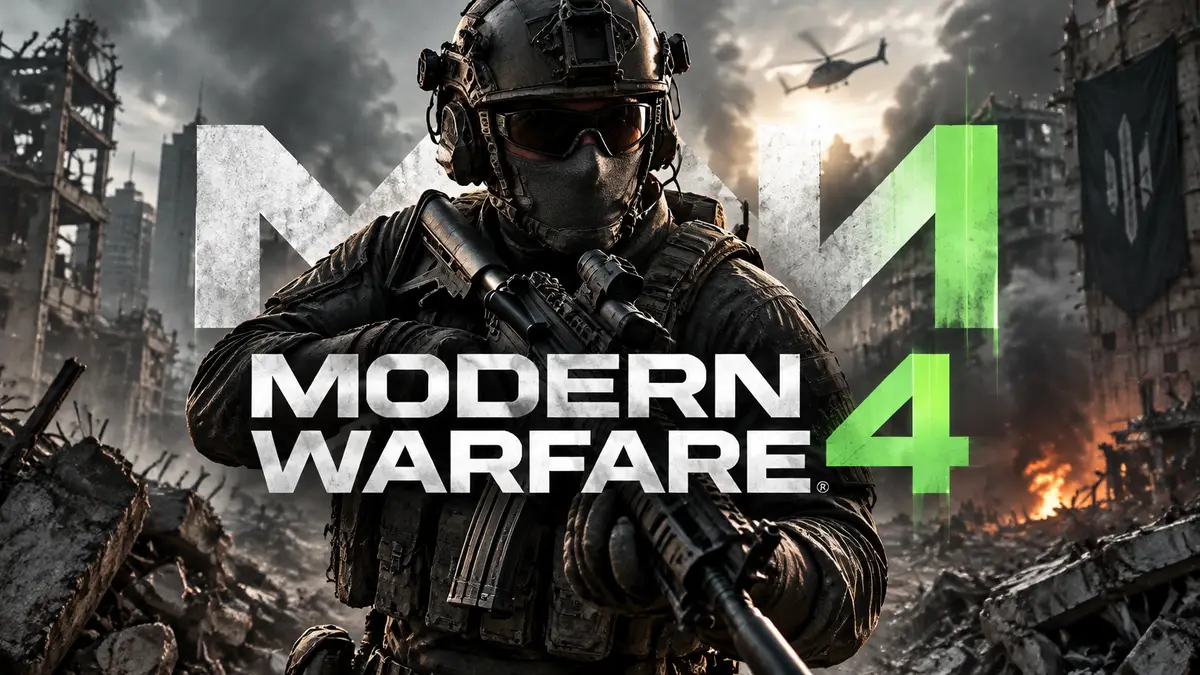 Оперативник Modern Warfare 4 в тактическом снаряжении на фоне логотипа игры и городских руин