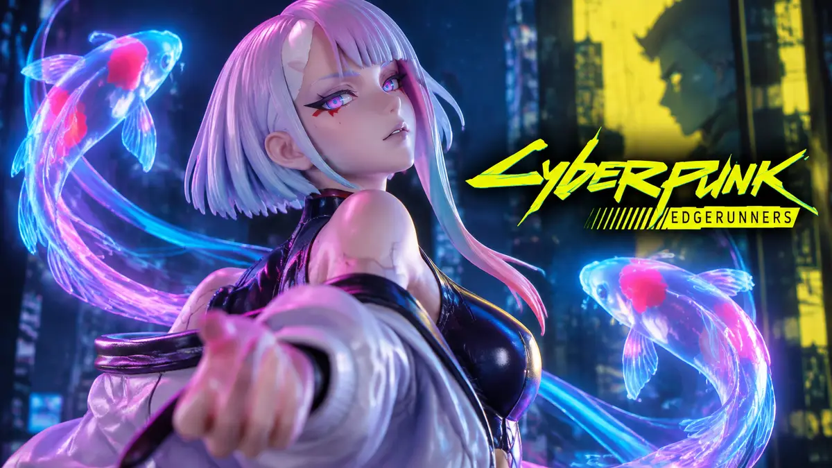 Статуэтка Люси из Cyberpunk: Edgerunners с светящимися глазами и неоновыми карпами кои