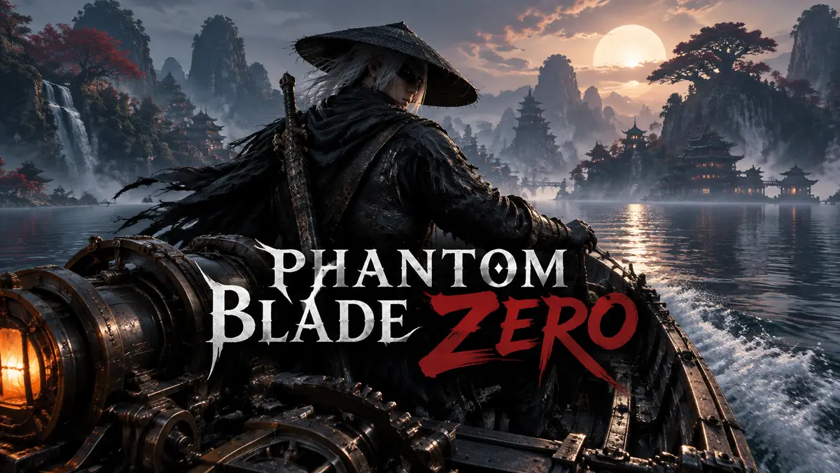 Герой игры Phantom Blade Zero на механической лодке на фоне озера Meigu Lake