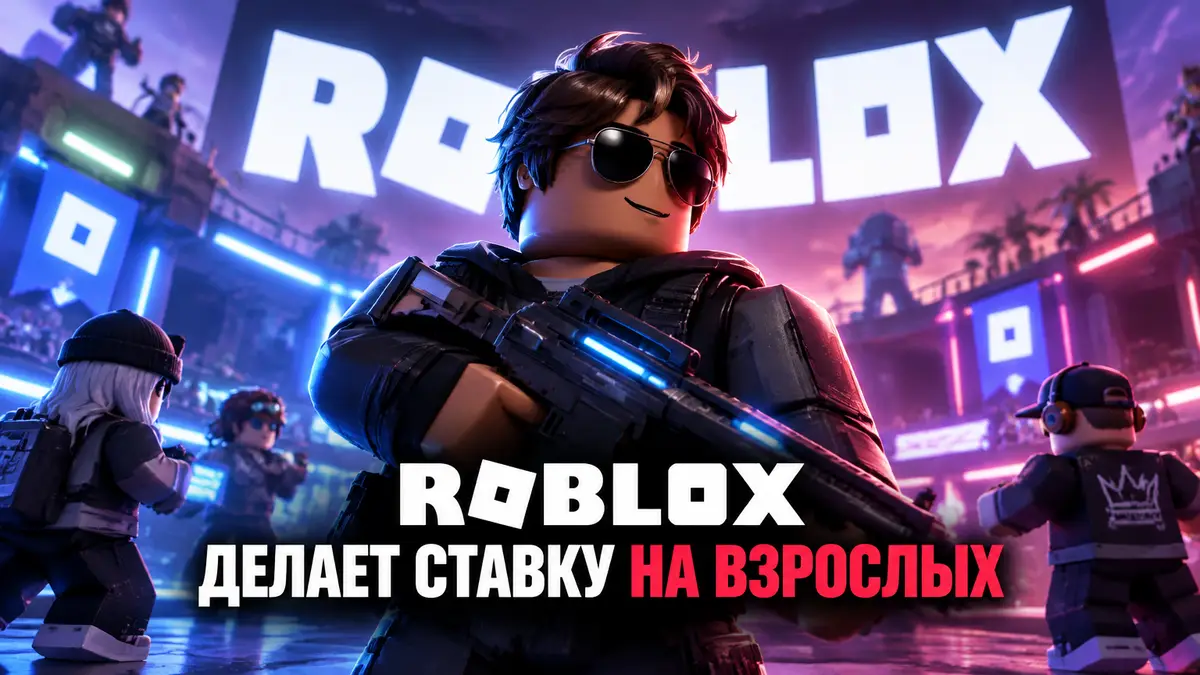 Взрослые игроки 18+ в мире Roblox: кастомный герой шутера на фоне неоновой арены и логотипа Roblox